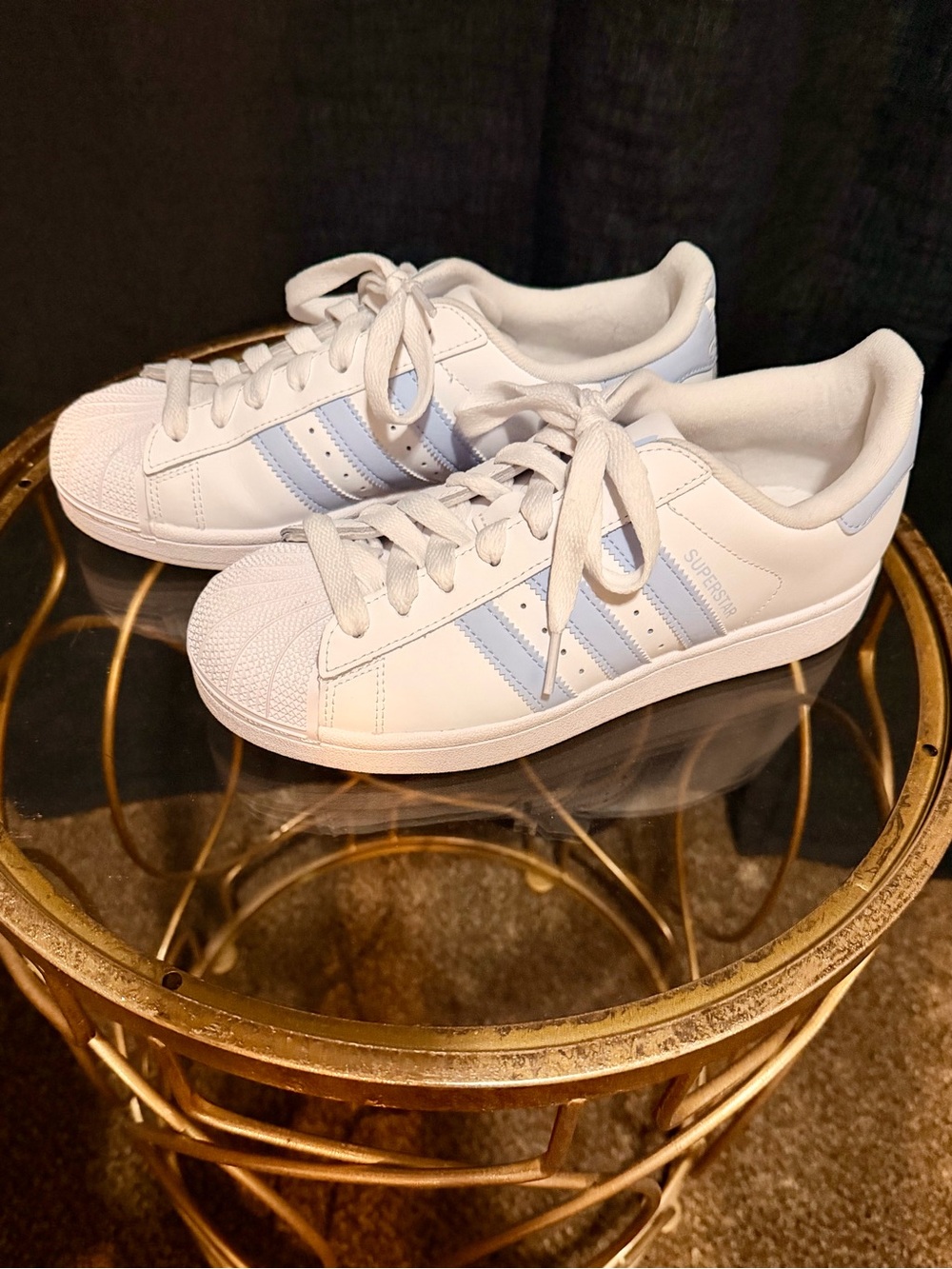 Adidas Superstar Shell Toe Women’s White Sneakers with Light Blue Stripes